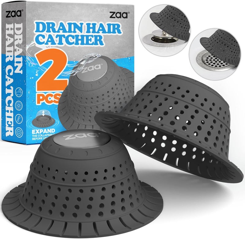 zaa Bathtub Drain Hair Catcher, Premium Silicone Collapsible 2 Pack Drain Protector for Pop-Up & Regular Drains of Shower, Bathtub, Tub, Bathroom, Sink, Black Black - Image 1